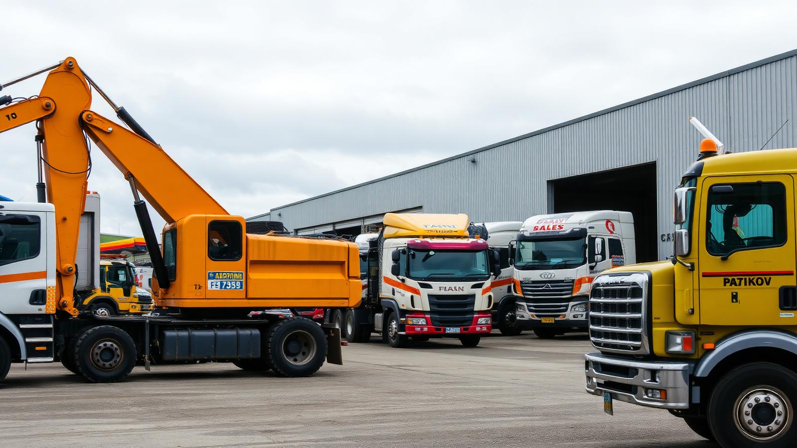 Commercial trucks and construction machinery parked at a New Zealand business yard